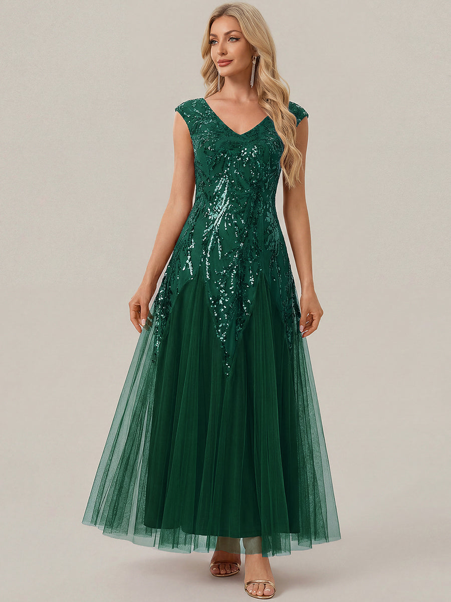 robe longue sans manches décolletée en V brodée de fleurs en A #Couleur_Vert Fonce