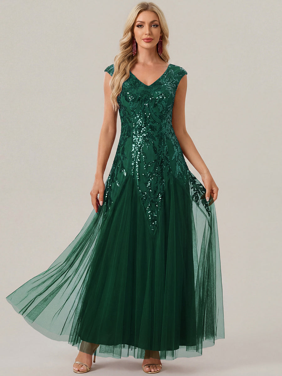 robe longue sans manches décolletée en V brodée de fleurs en A #Couleur_Vert Fonce