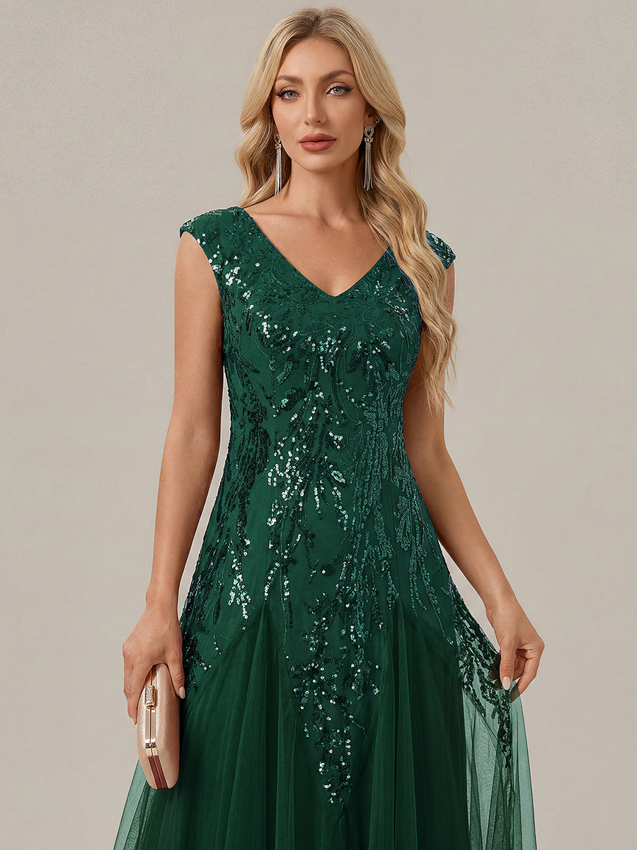 robe longue sans manches décolletée en V brodée de fleurs en A #Couleur_Vert Fonce