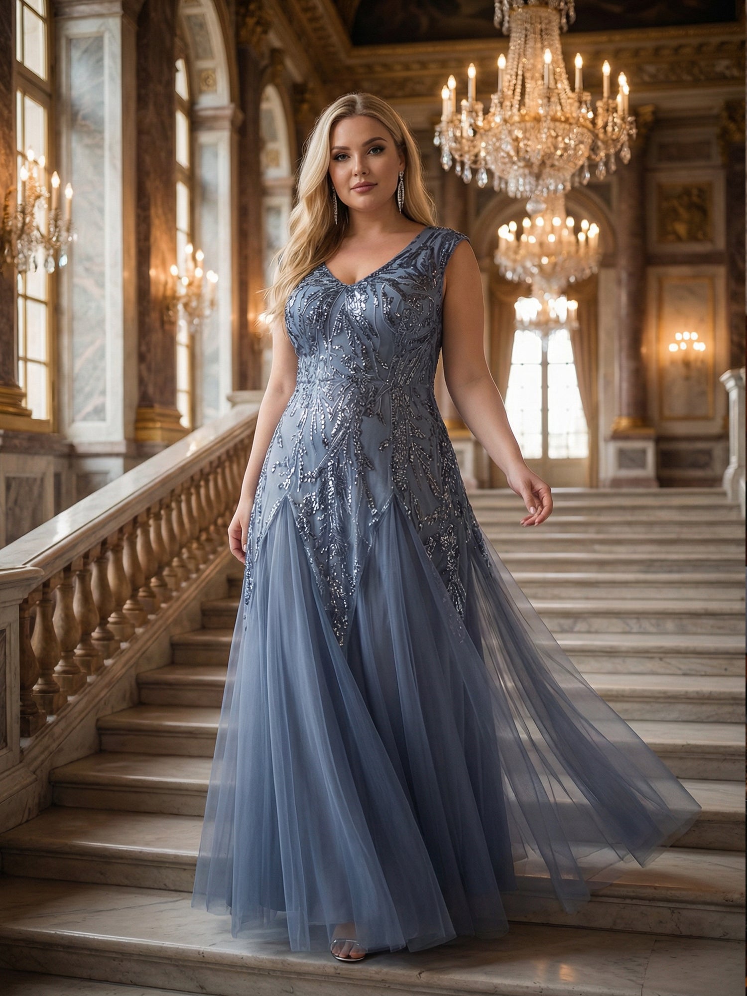 robe longue sans manches décolletée en V brodée de fleurs en A #Couleur_Marine Fume
