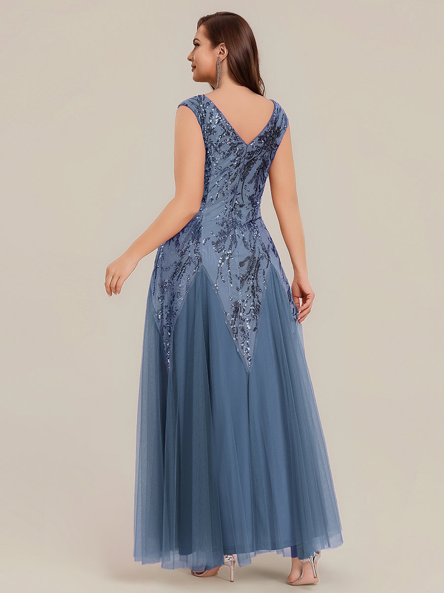robe longue sans manches décolletée en V brodée de fleurs en A #Couleur_Marine Fume