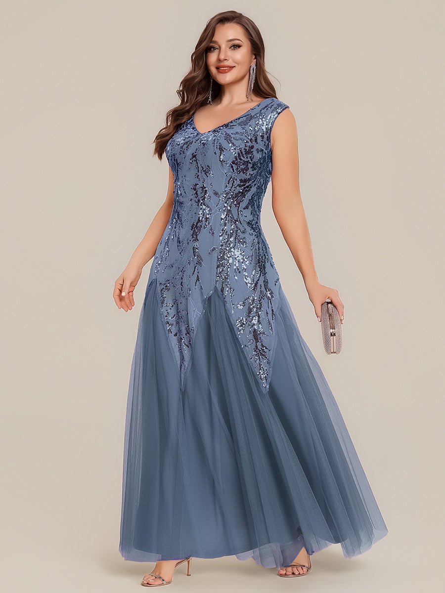 robe longue sans manches décolletée en V brodée de fleurs en A #Couleur_Marine Fume
