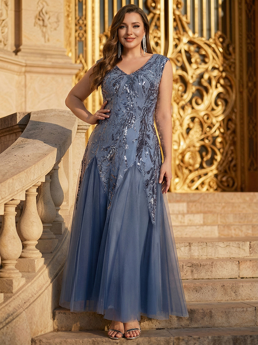 robe longue sans manches décolletée en V brodée de fleurs en A #Couleur_Marine Fume