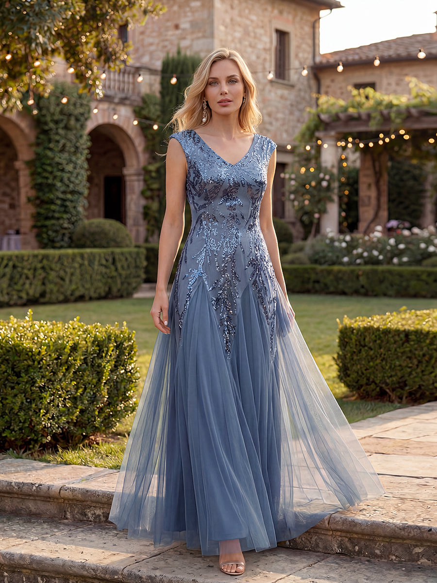 robe longue sans manches décolletée en V brodée de fleurs en A #Couleur_Marine Fume