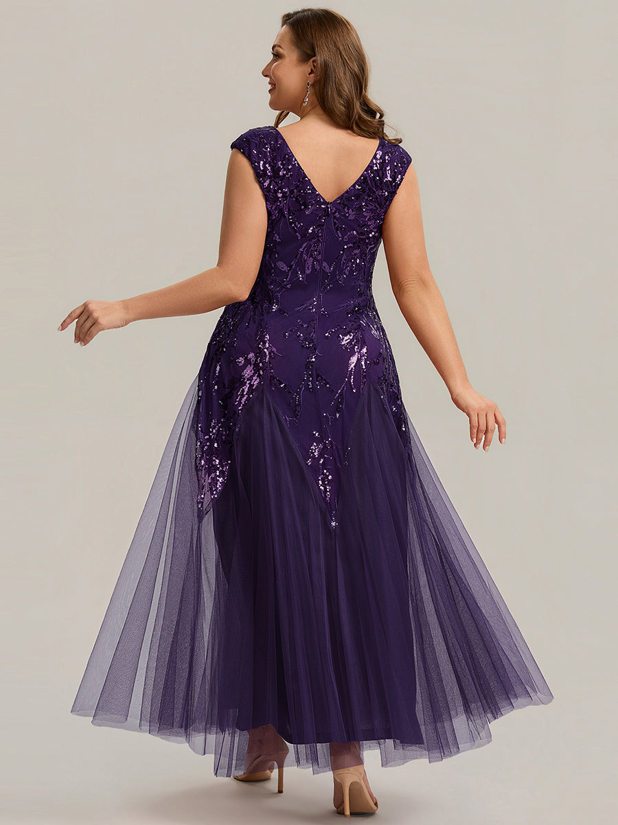 robe longue sans manches décolletée en V brodée de fleurs en A #Couleur_Violet Fonce