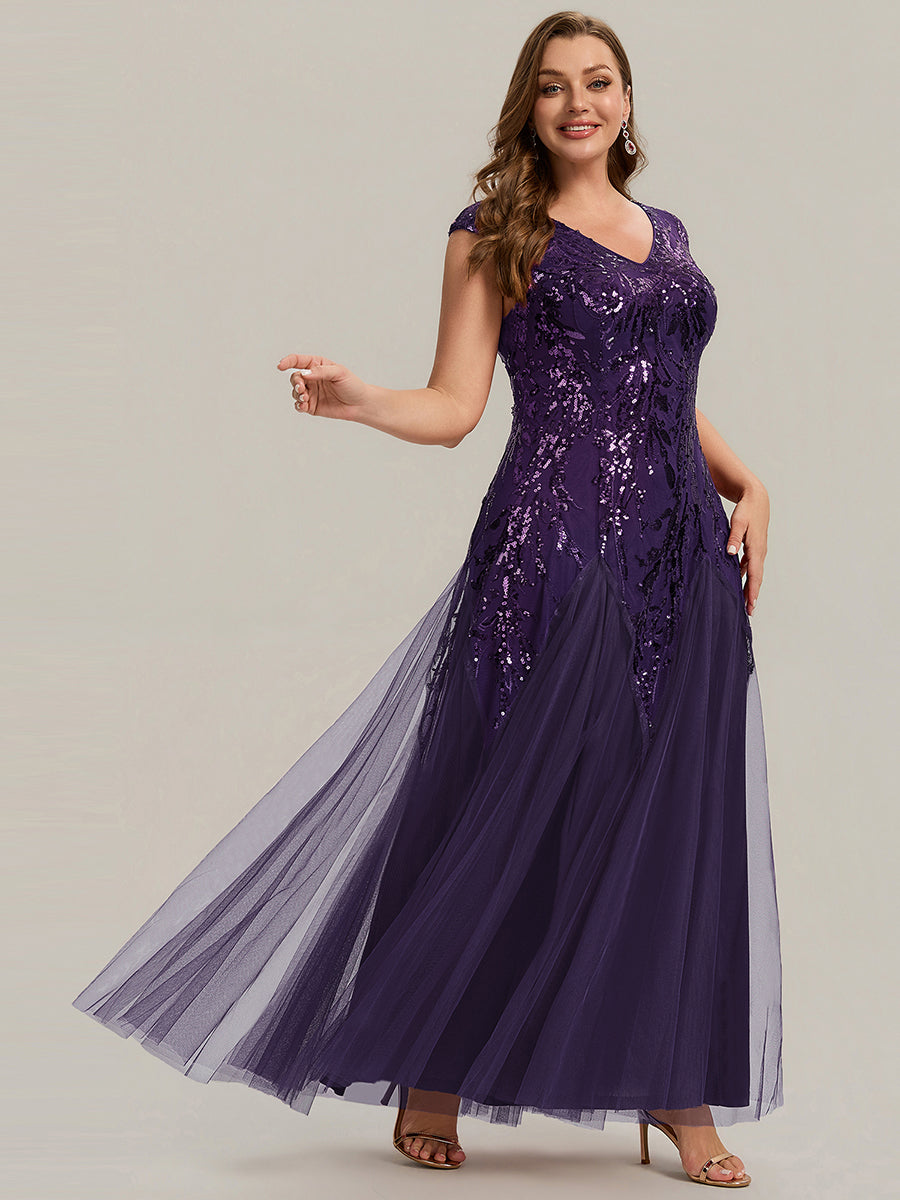 robe longue sans manches décolletée en V brodée de fleurs en A #Couleur_Violet Fonce