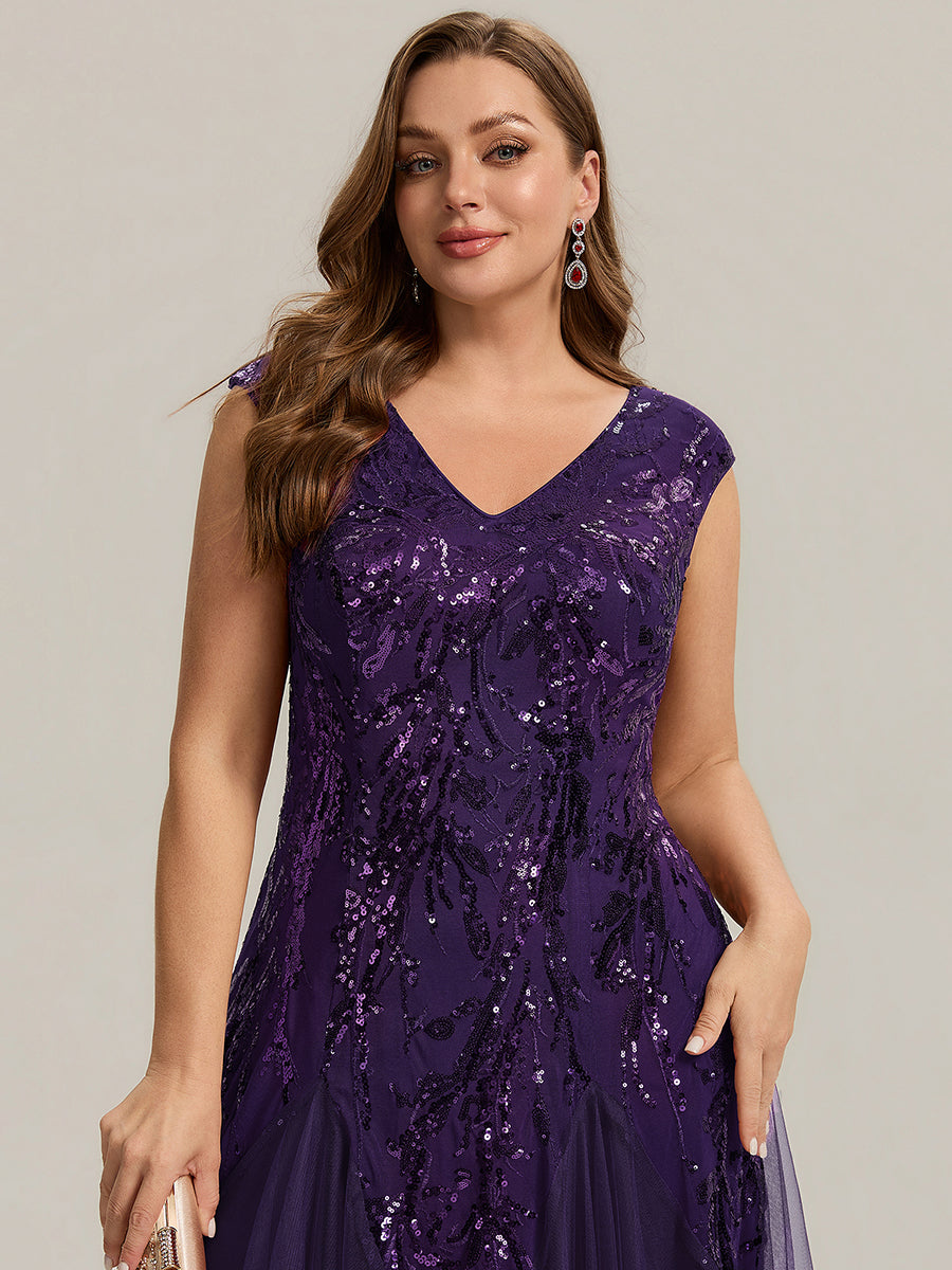 robe longue sans manches décolletée en V brodée de fleurs en A #Couleur_Violet Fonce