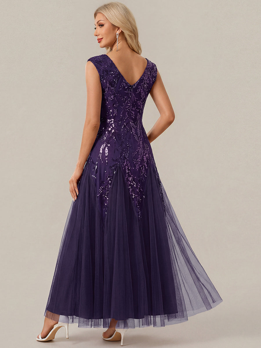 robe longue sans manches décolletée en V brodée de fleurs en A #Couleur_Violet Fonce