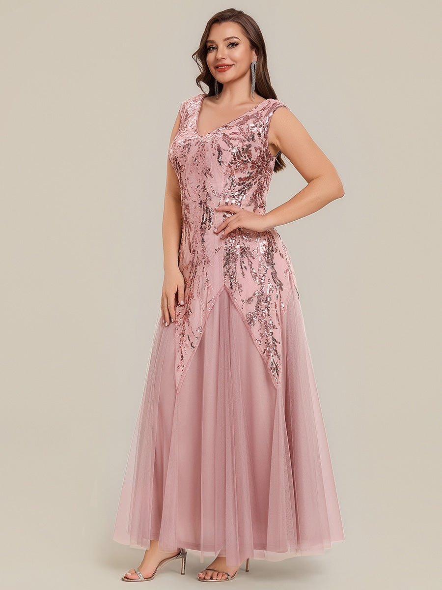 robe longue sans manches décolletée en V brodée de fleurs en A #Couleur_Rose fumee