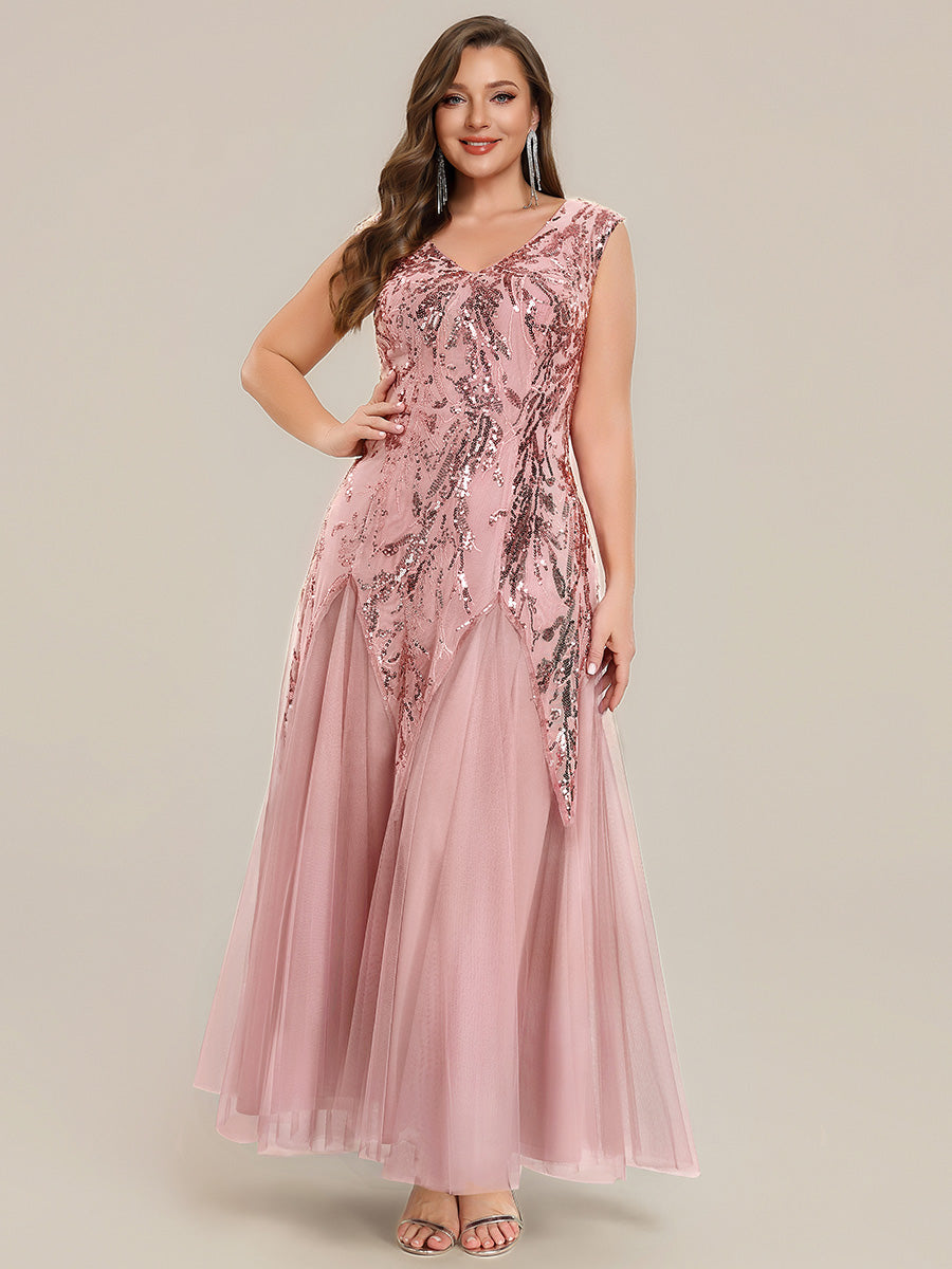 robe longue sans manches décolletée en V brodée de fleurs en A #Couleur_Rose fumee