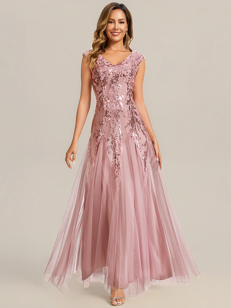 robe longue sans manches décolletée en V brodée de fleurs en A #Couleur_Rose fumee