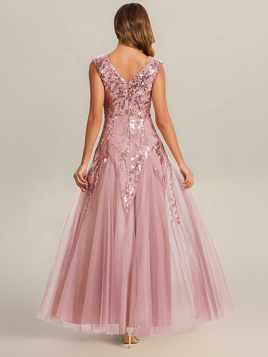 robe longue sans manches décolletée en V brodée de fleurs en A #Couleur_Rose fumee