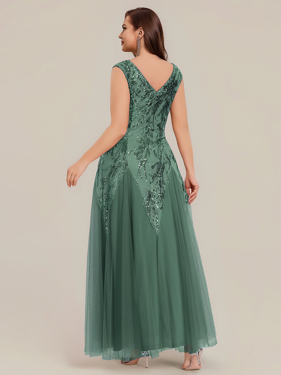 robe longue sans manches décolletée en V brodée de fleurs en A #Couleur_Eukalyptus Grün