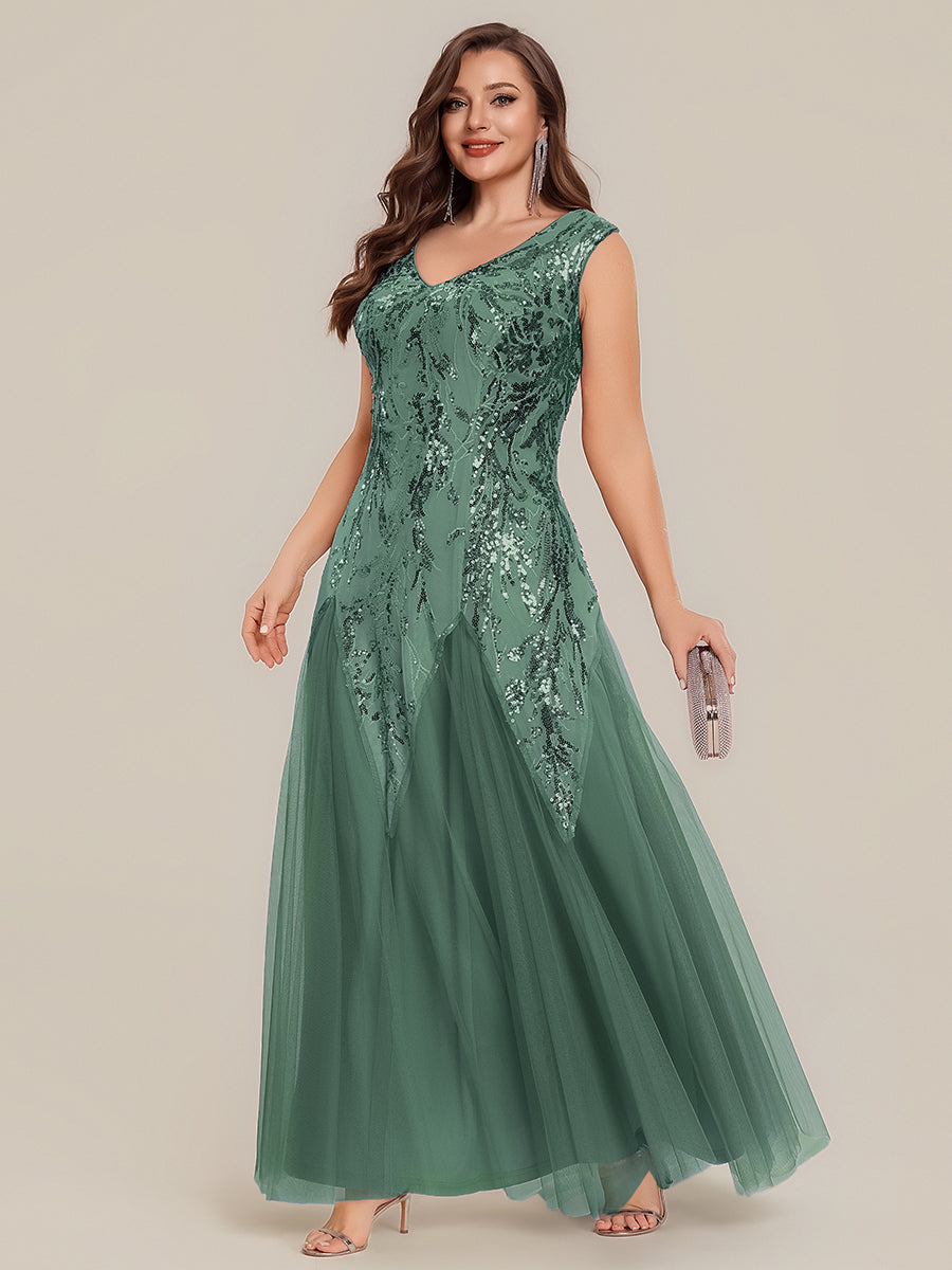 robe longue sans manches décolletée en V brodée de fleurs en A #Couleur_Eukalyptus Grün