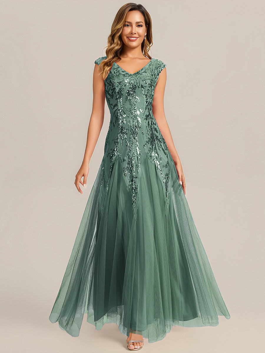 robe longue sans manches décolletée en V brodée de fleurs en A #Couleur_Eukalyptus Grün
