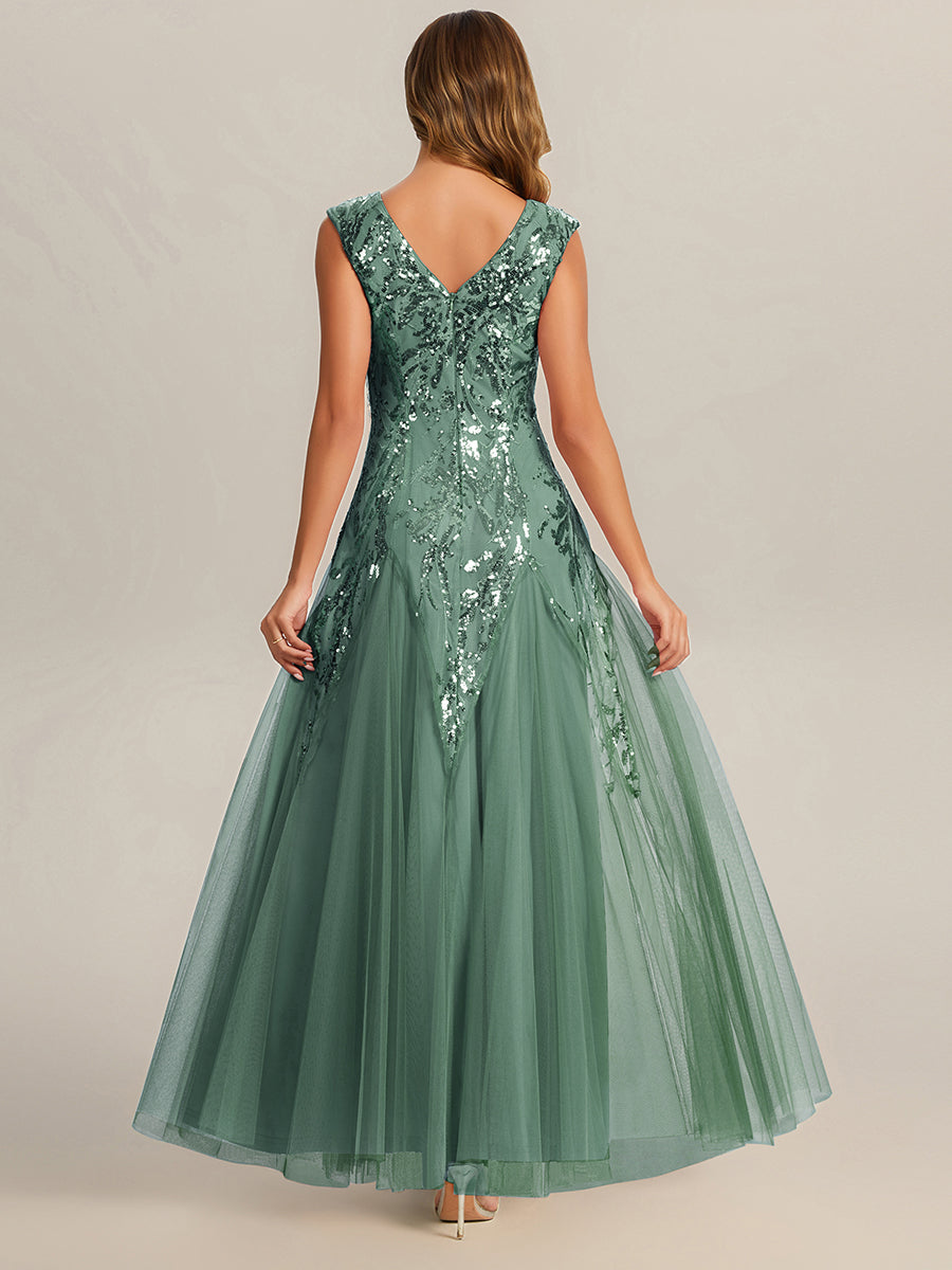 robe longue sans manches décolletée en V brodée de fleurs en A #Couleur_Eukalyptus Grün