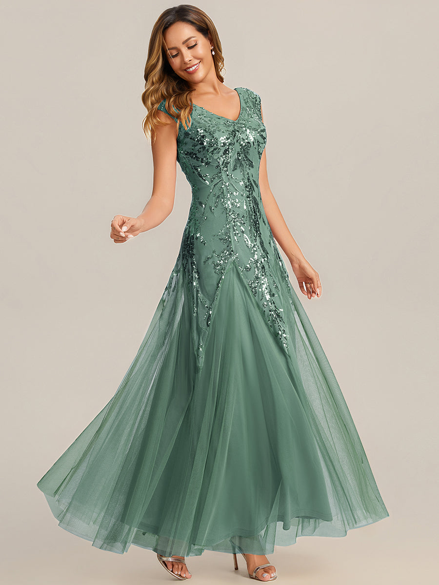 robe longue sans manches décolletée en V brodée de fleurs en A #Couleur_Eukalyptus Grün