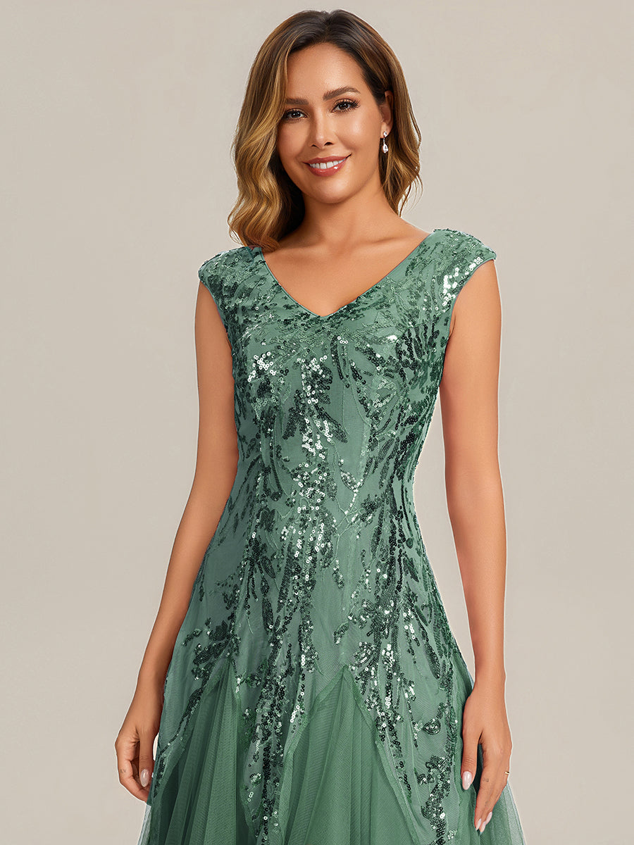 robe longue sans manches décolletée en V brodée de fleurs en A #Couleur_Eukalyptus Grün