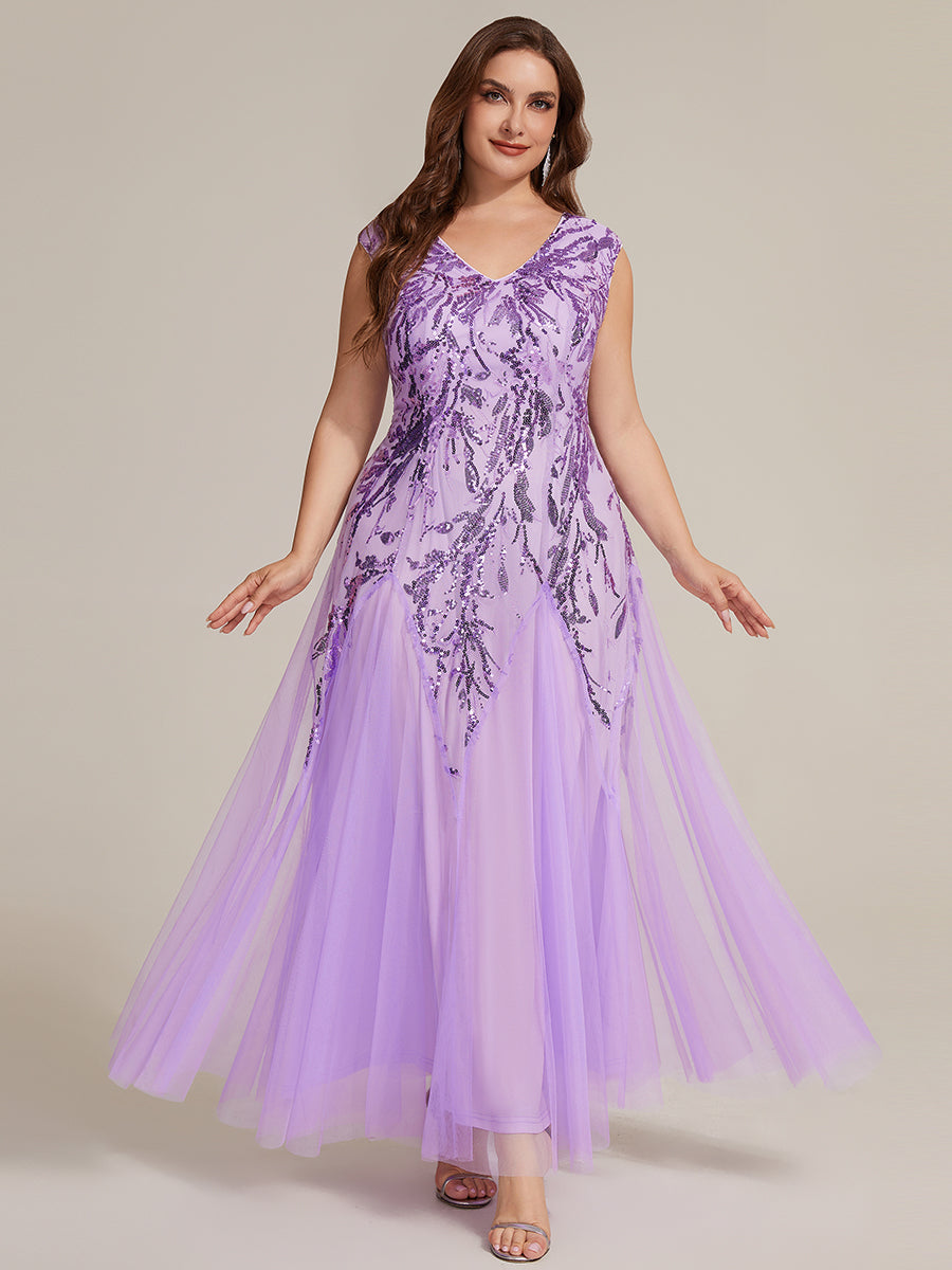 robe longue sans manches décolletée en V brodée de fleurs en A #Couleur_Lilas Givré