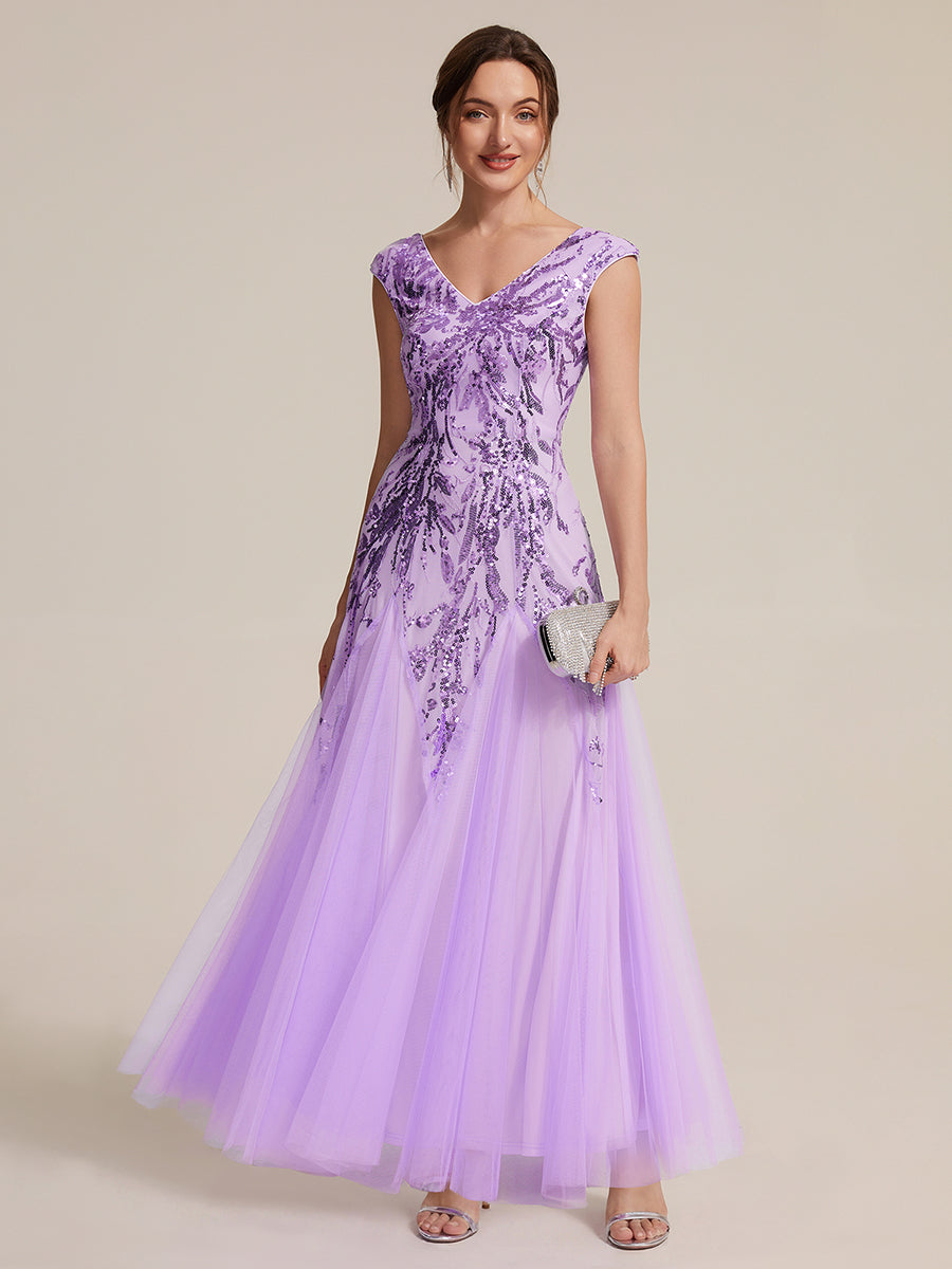 robe longue sans manches décolletée en V brodée de fleurs en A #Couleur_Lilas Givré