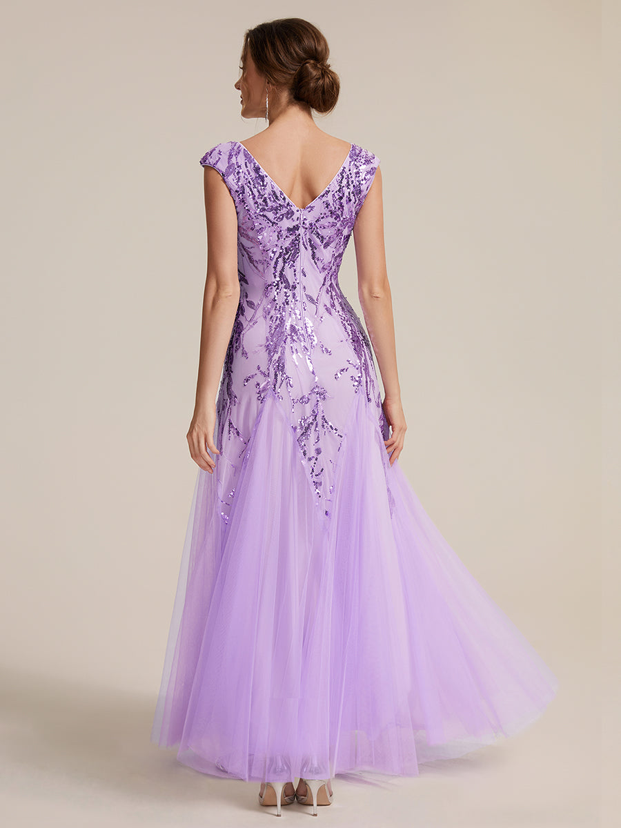 robe longue sans manches décolletée en V brodée de fleurs en A #Couleur_Lilas Givré