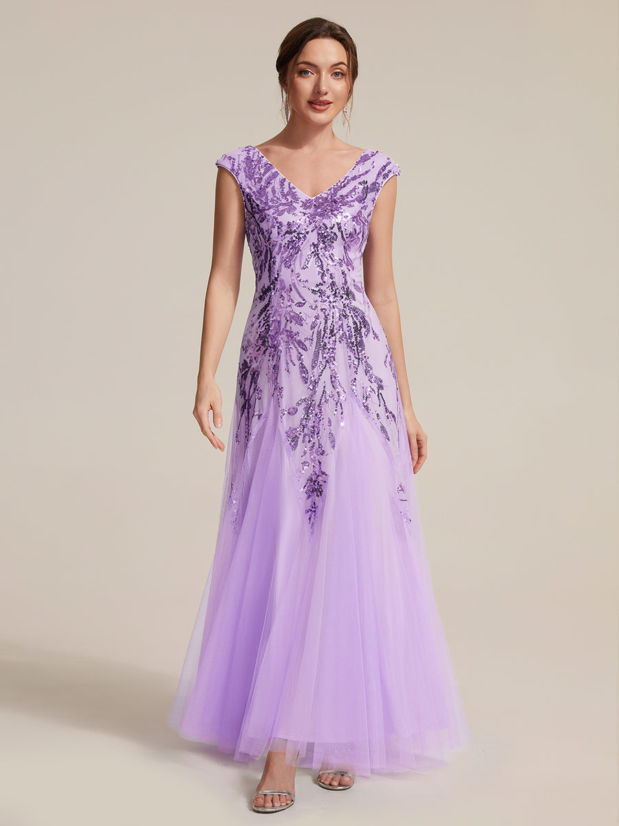 robe longue sans manches décolletée en V brodée de fleurs en A #Couleur_Lilas Givré