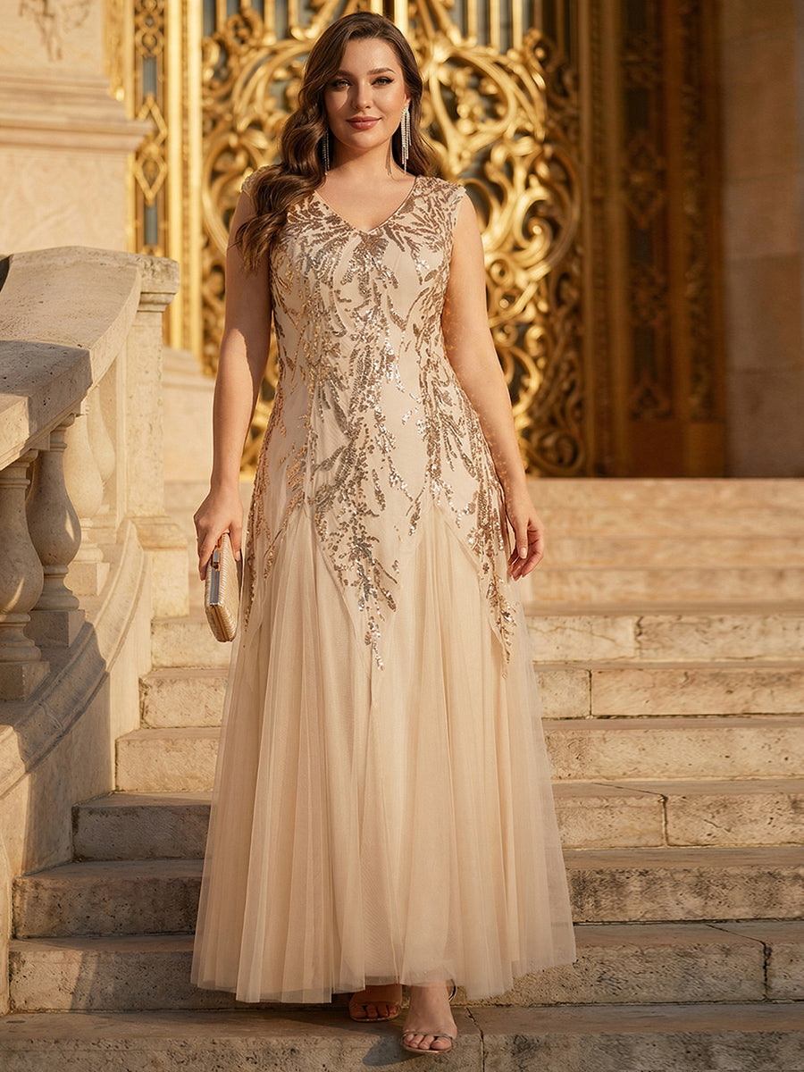 robe longue sans manches décolletée en V brodée de fleurs en A #Couleur_Dorée