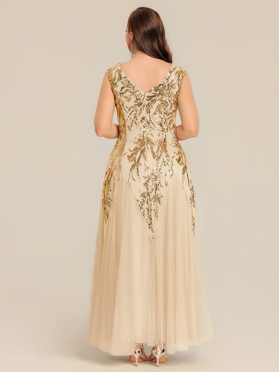 robe longue sans manches décolletée en V brodée de fleurs en A #Couleur_Dorée
