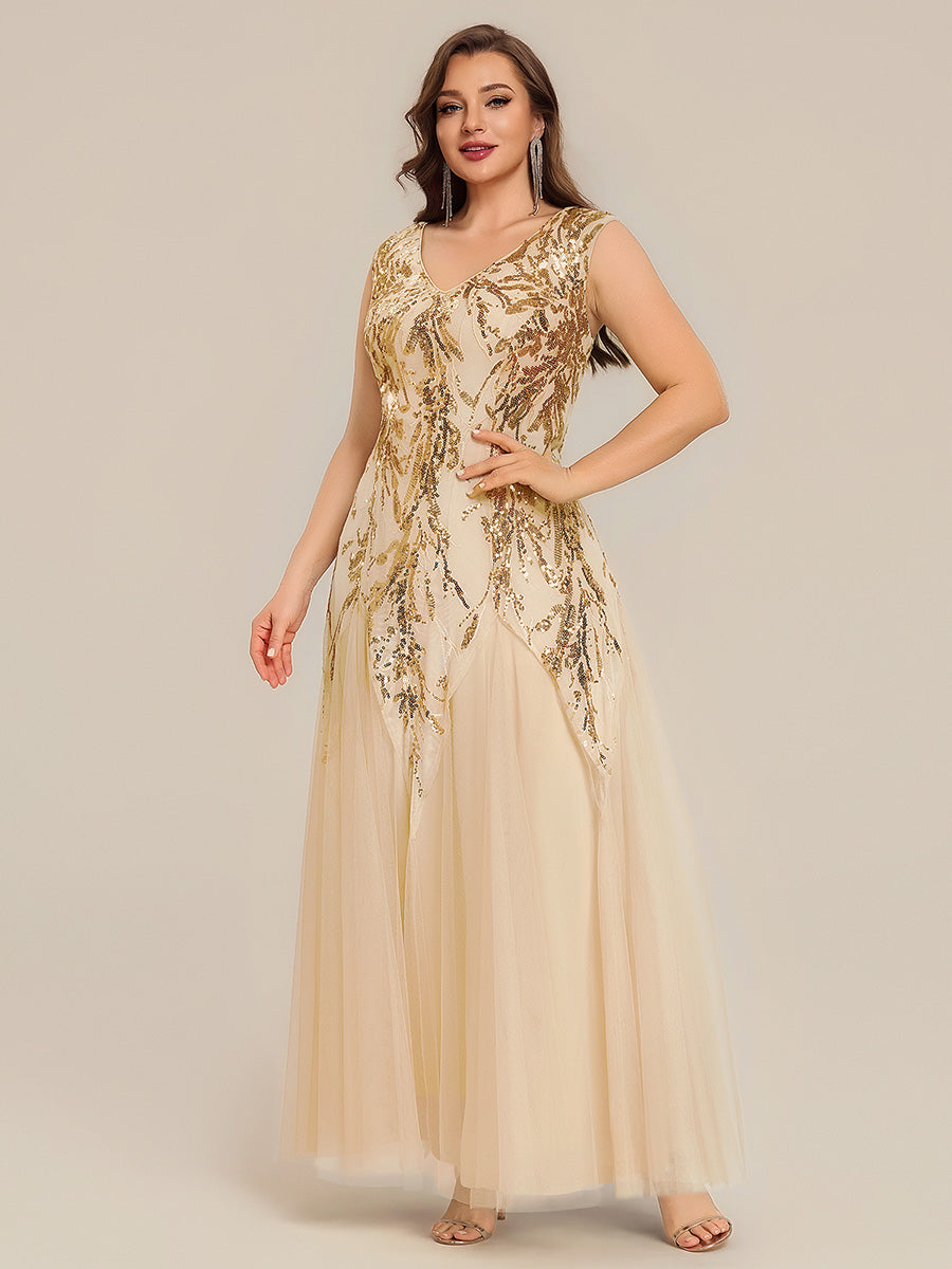 robe longue sans manches décolletée en V brodée de fleurs en A #Couleur_Dorée