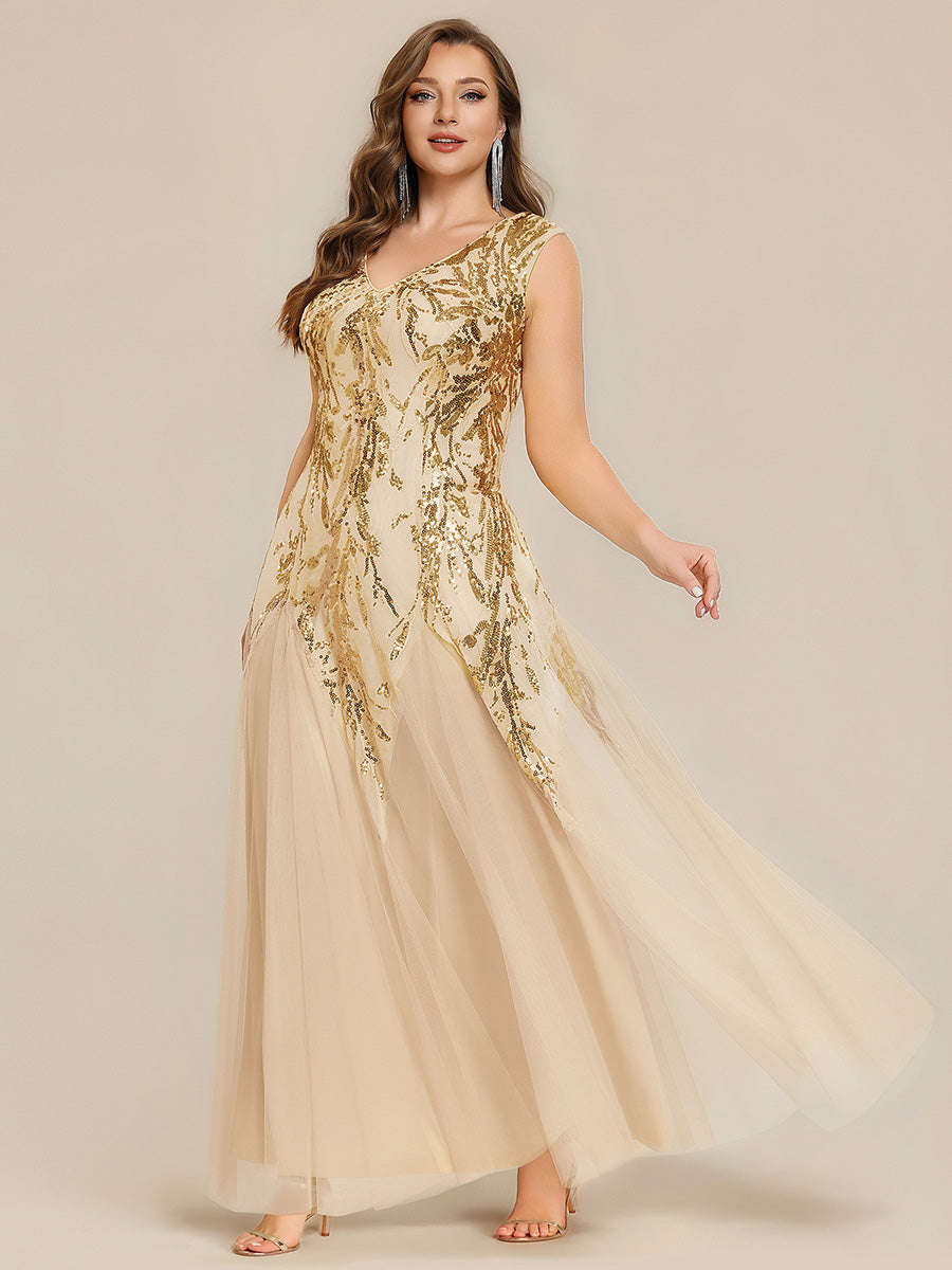 robe longue sans manches décolletée en V brodée de fleurs en A #Couleur_Dorée
