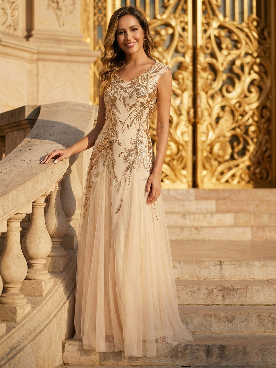 robe longue sans manches décolletée en V brodée de fleurs en A #Couleur_Dorée