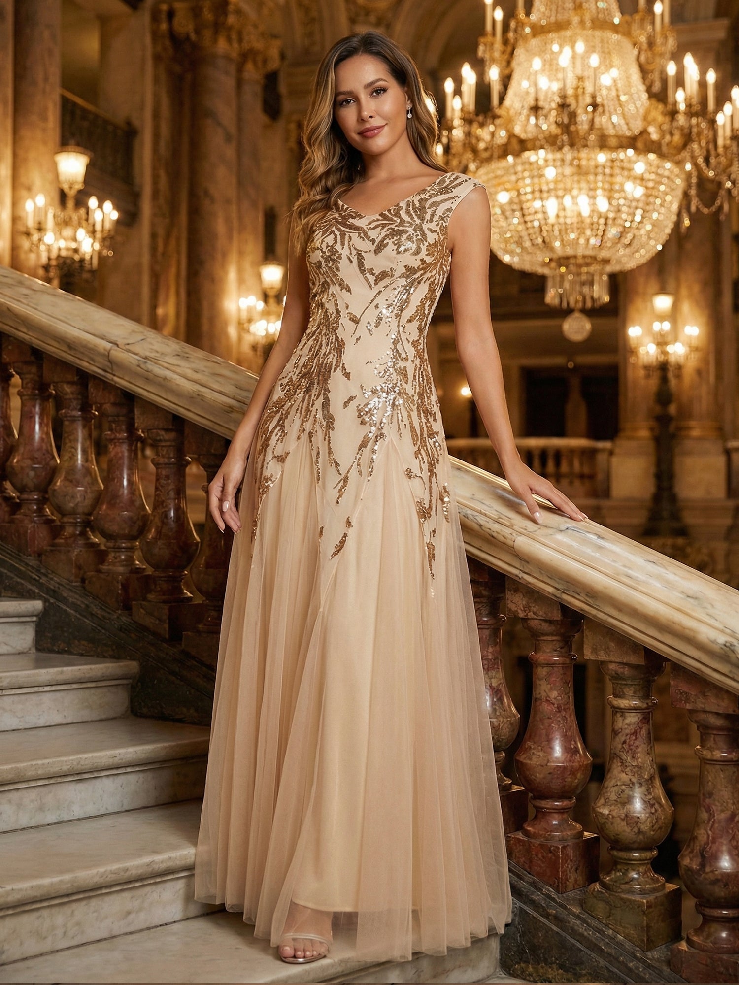 robe longue sans manches décolletée en V brodée de fleurs en A #Couleur_Dorée