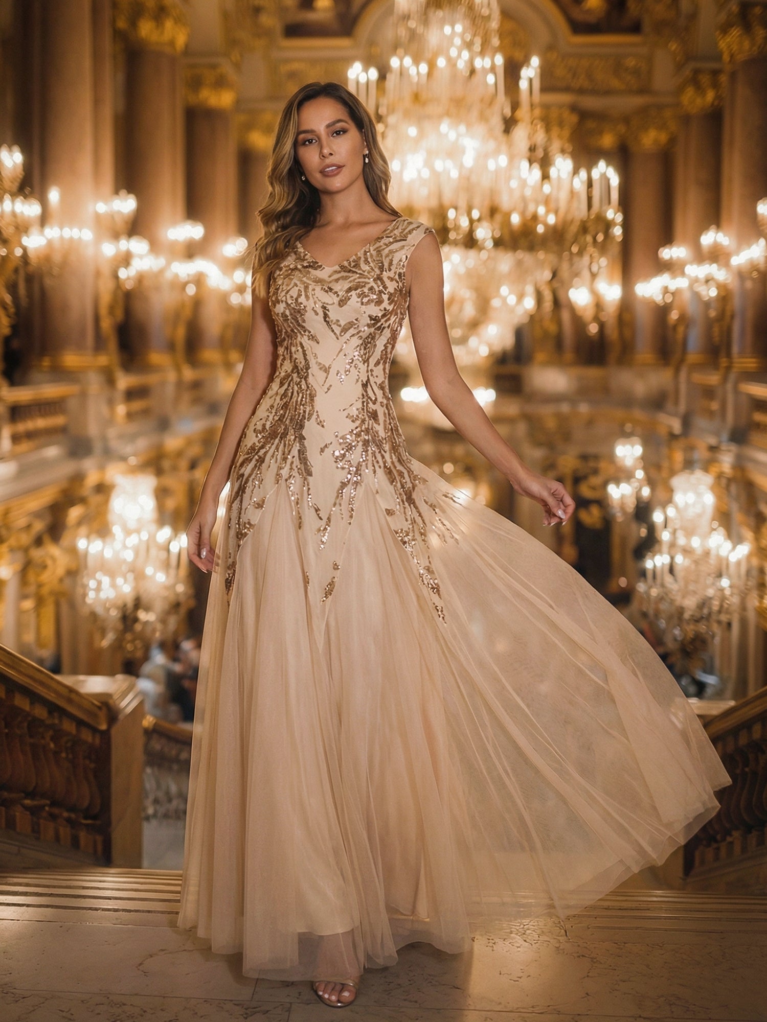 robe longue sans manches décolletée en V brodée de fleurs en A #Couleur_Dorée