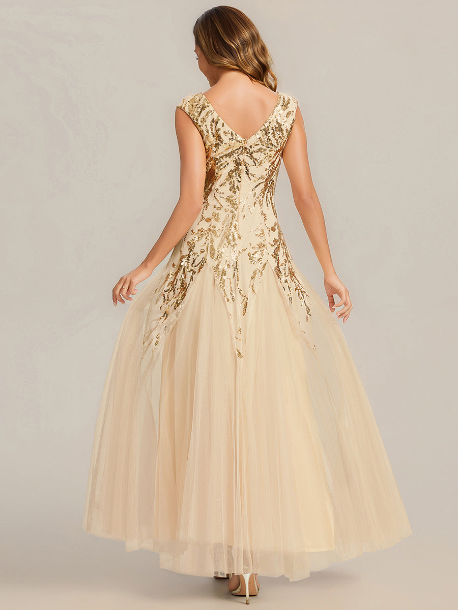 robe longue sans manches décolletée en V brodée de fleurs en A #Couleur_Dorée