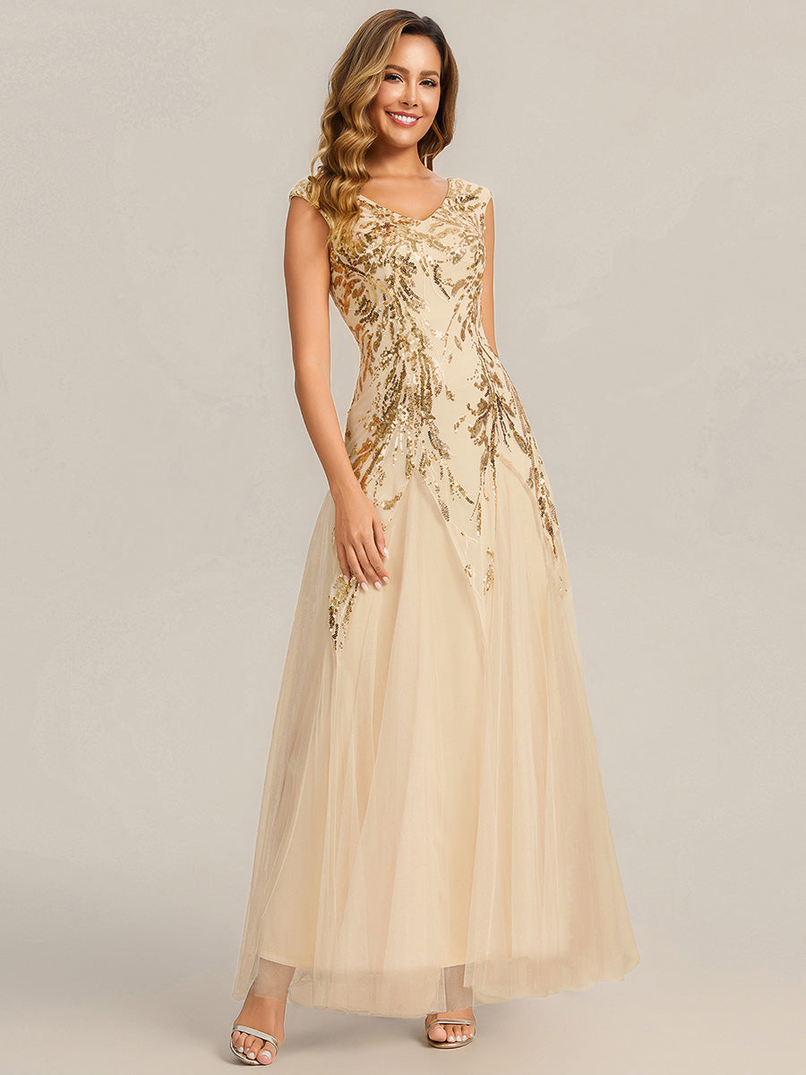robe longue sans manches décolletée en V brodée de fleurs en A #Couleur_Dorée