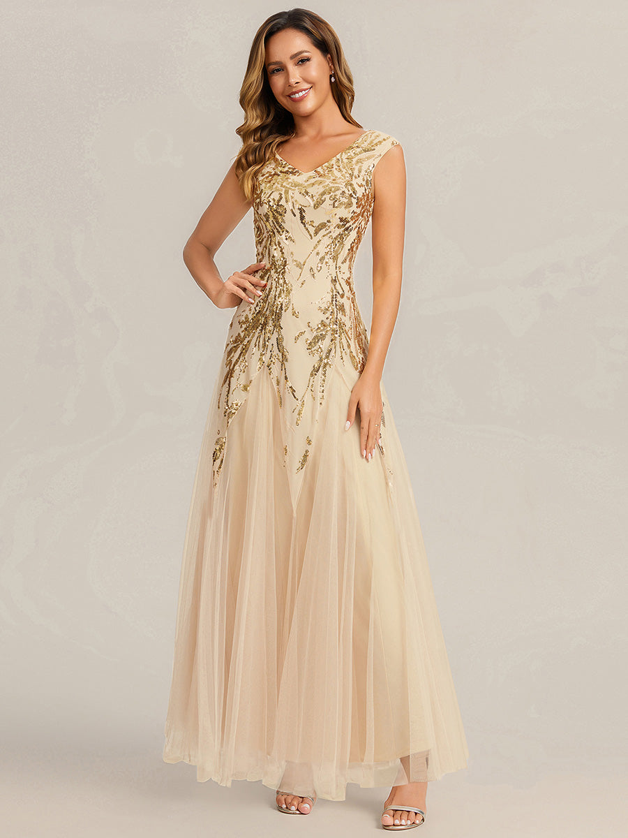 robe longue sans manches décolletée en V brodée de fleurs en A #Couleur_Dorée