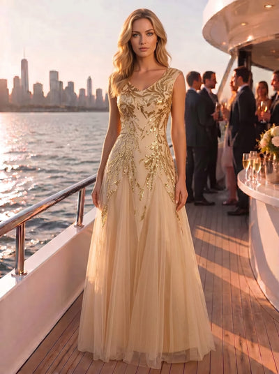 ever FREYA|Robe Longue de Soirée Chic en Tulle Brodé de Fleurs et Sequins