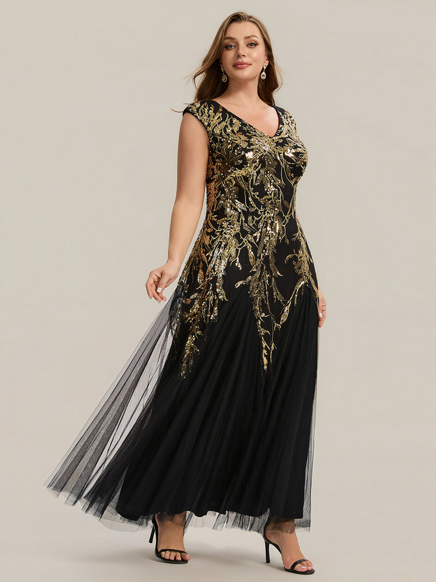 robe longue sans manches décolletée en V brodée de fleurs en A #Couleur_Noir & Or
