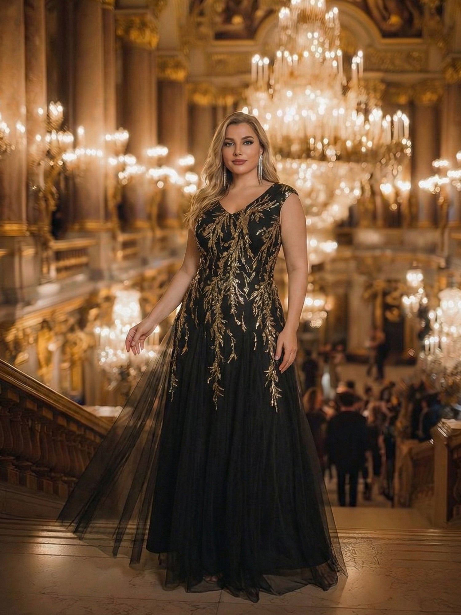 robe longue sans manches décolletée en V brodée de fleurs en A #Couleur_Noir & Or
