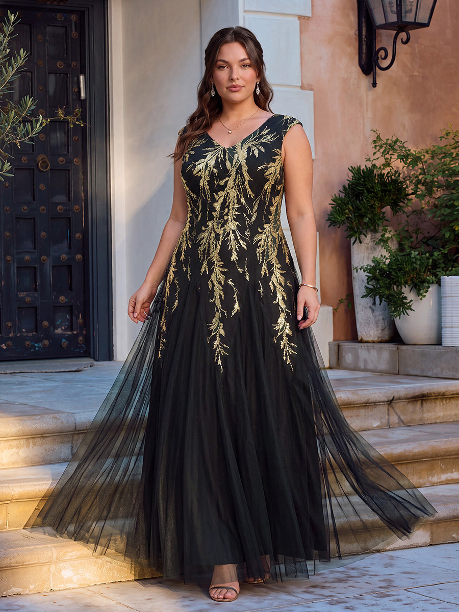 robe longue sans manches décolletée en V brodée de fleurs en A #Couleur_Noir & Or
