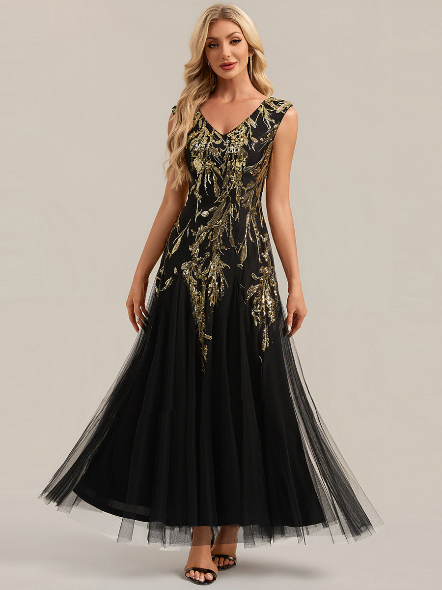 robe longue sans manches décolletée en V brodée de fleurs en A #Couleur_Noir & Or