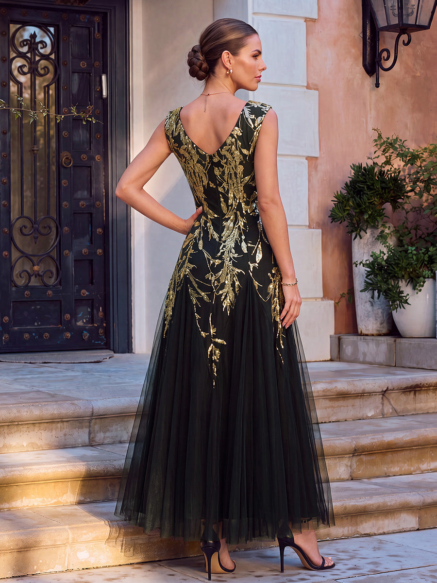robe longue sans manches décolletée en V brodée de fleurs en A #Couleur_Noir & Or