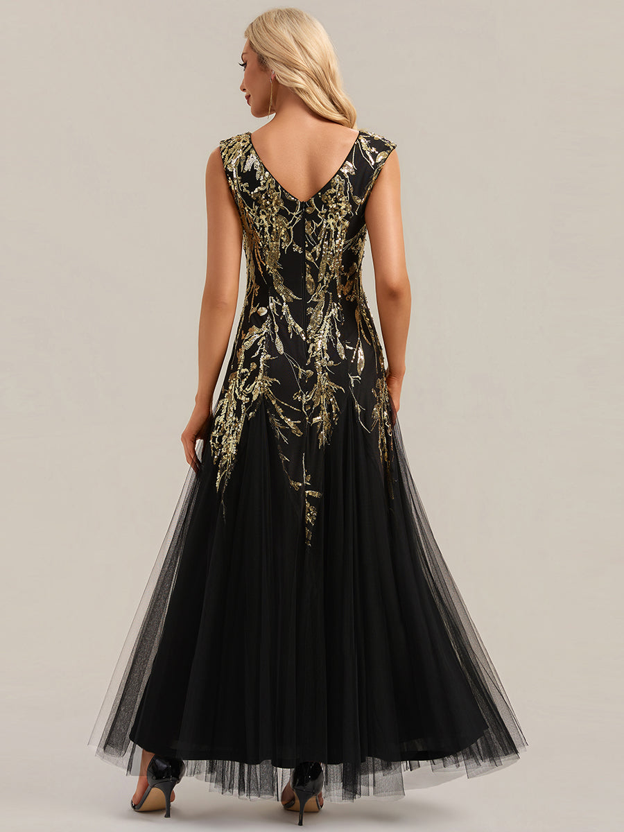 robe longue sans manches décolletée en V brodée de fleurs en A #Couleur_Noir & Or