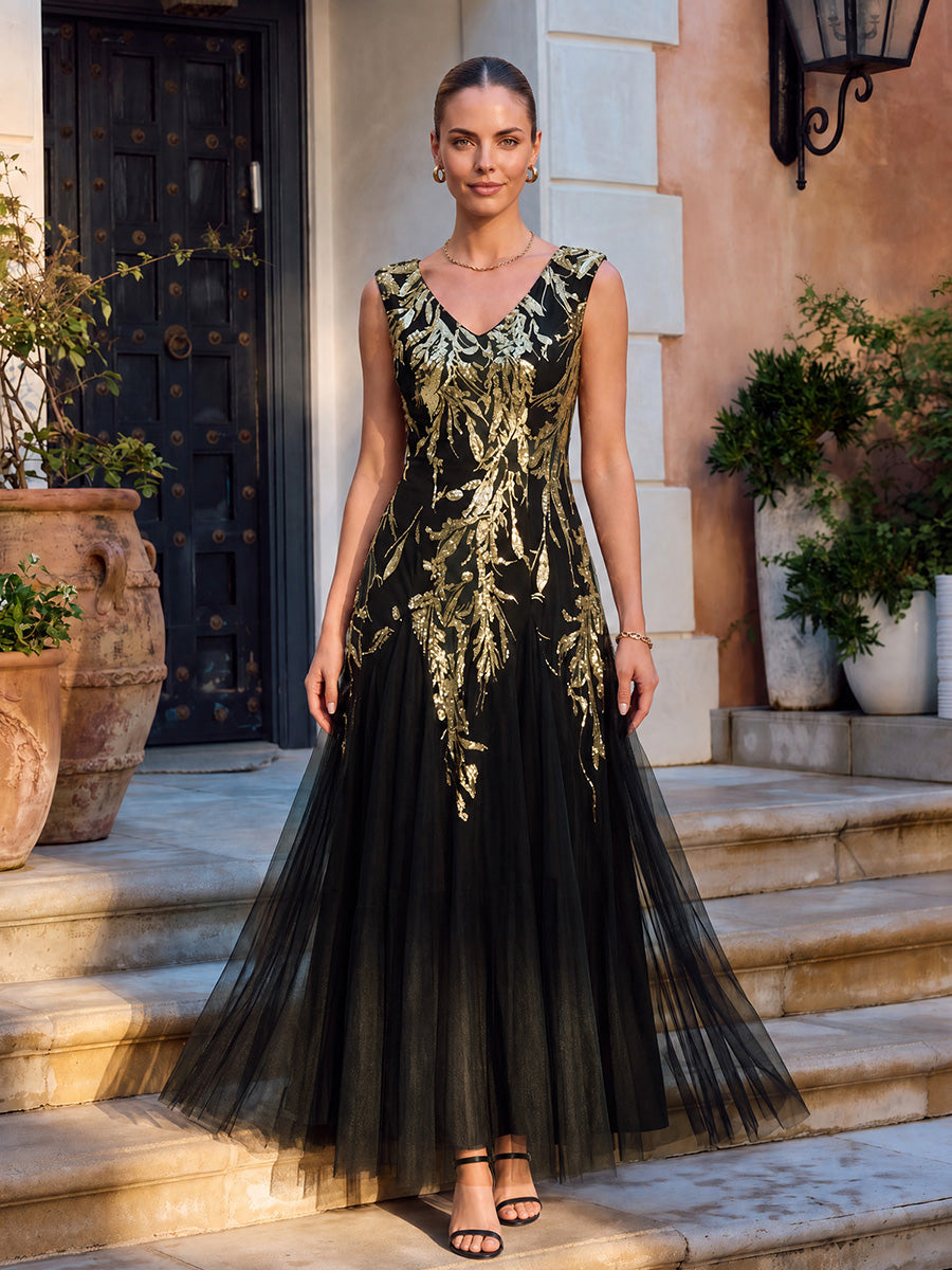 robe longue sans manches décolletée en V brodée de fleurs en A #Couleur_Noir & Or