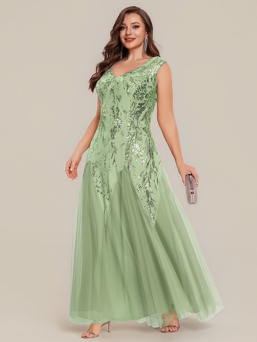 robe longue sans manches décolletée en V brodée de fleurs en A #Couleur_Menthe Verte