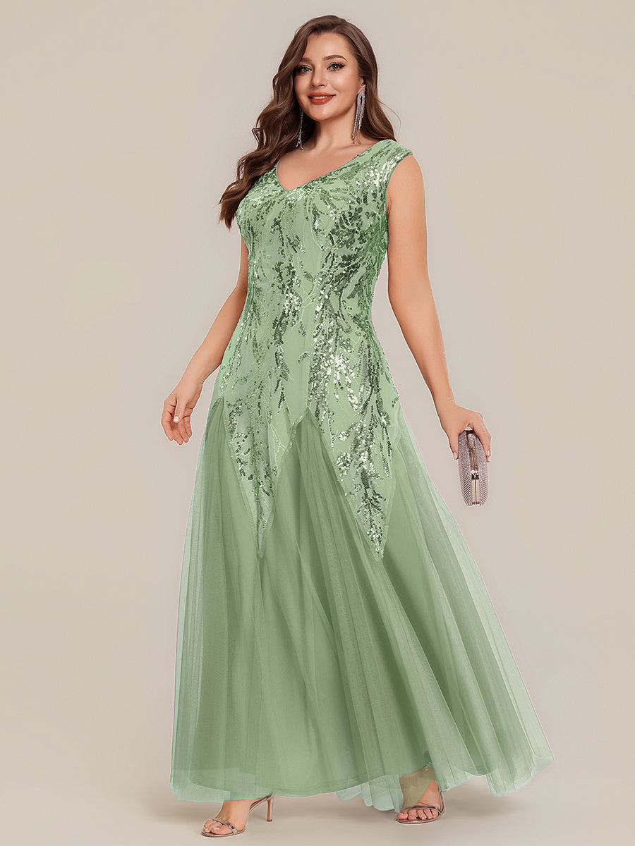 robe longue sans manches décolletée en V brodée de fleurs en A #Couleur_Menthe Verte