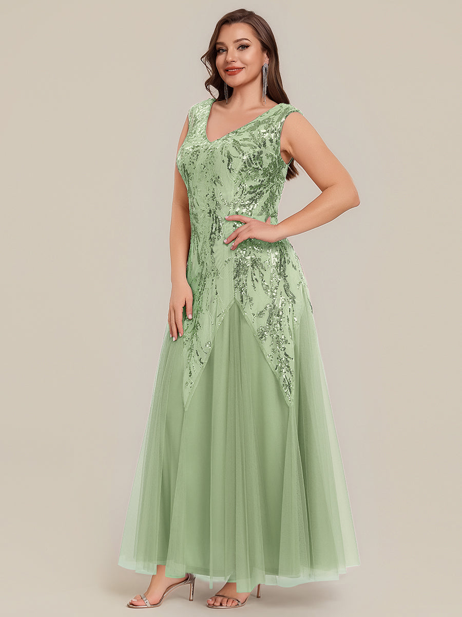robe longue sans manches décolletée en V brodée de fleurs en A #Couleur_Menthe Verte
