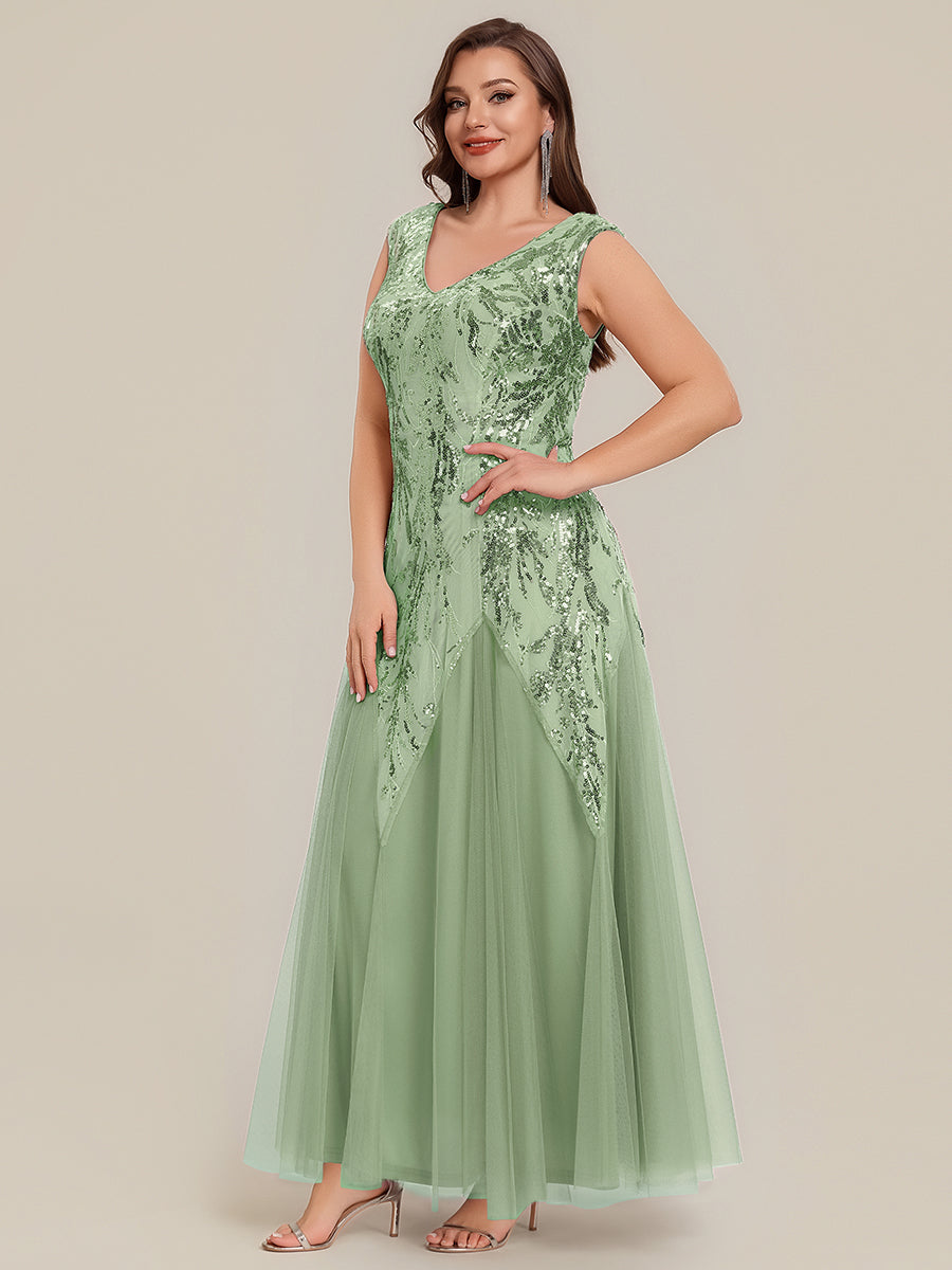 robe longue sans manches décolletée en V brodée de fleurs en A #Couleur_Menthe Verte
