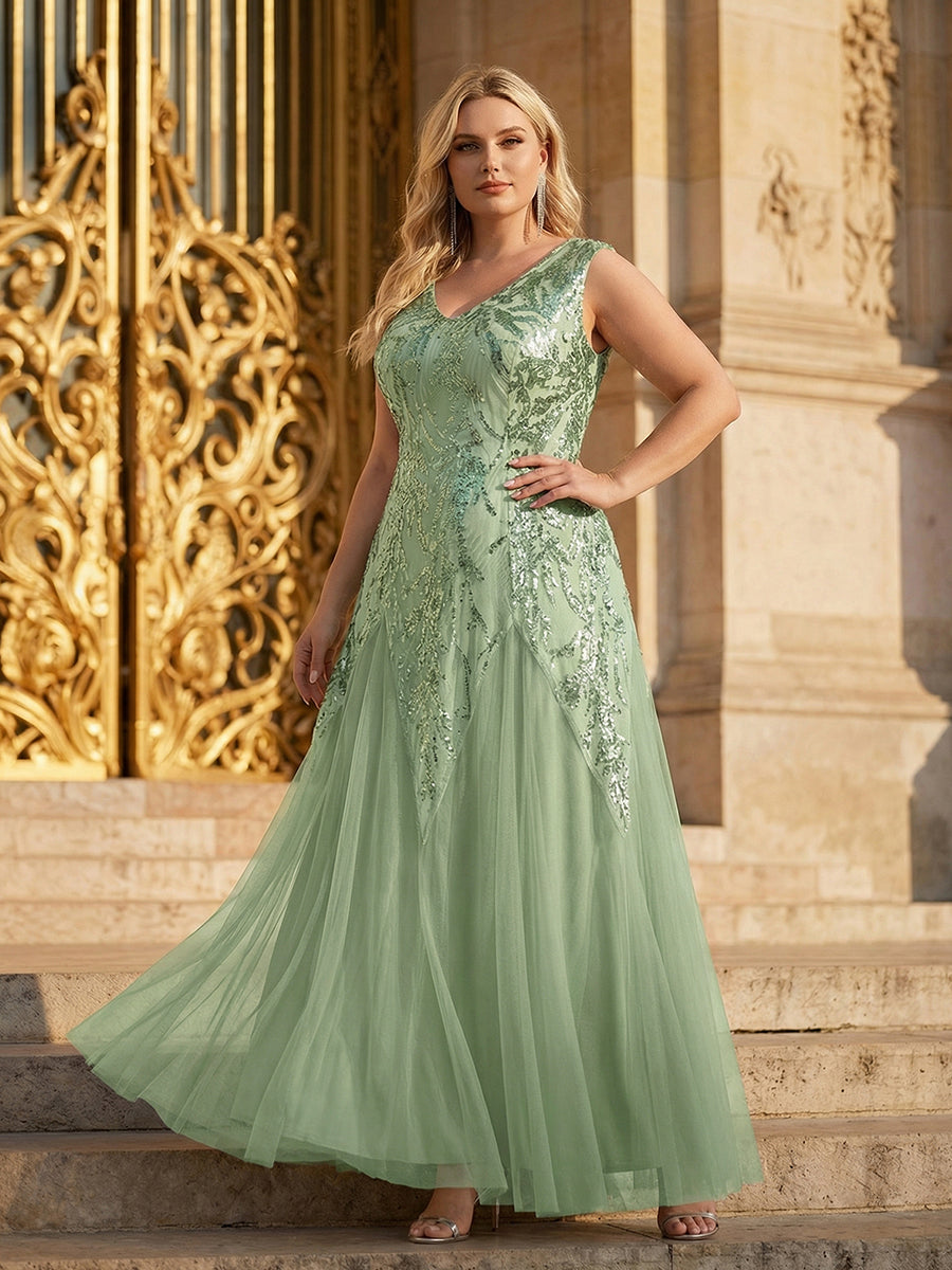 robe longue sans manches décolletée en V brodée de fleurs en A #Couleur_Menthe Verte