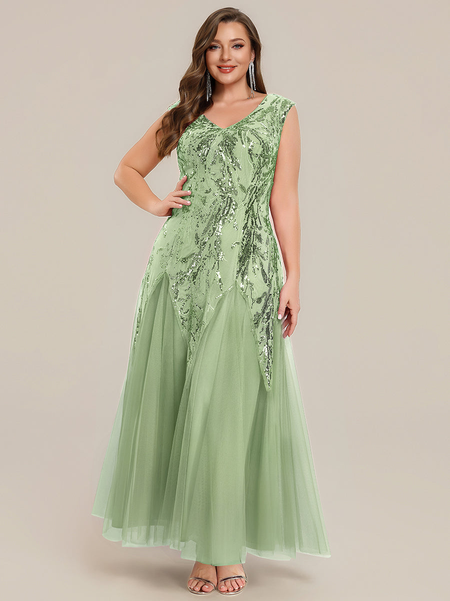 robe longue sans manches décolletée en V brodée de fleurs en A #Couleur_Menthe Verte